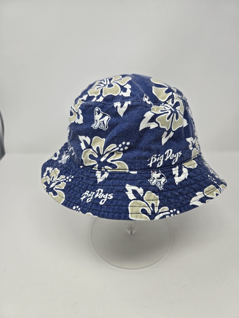VINTAGE BIG DOG NAVY BLUE CREAM TROPICAL REVERSIBLE BUCKET HAT WOMEN OS 1990S